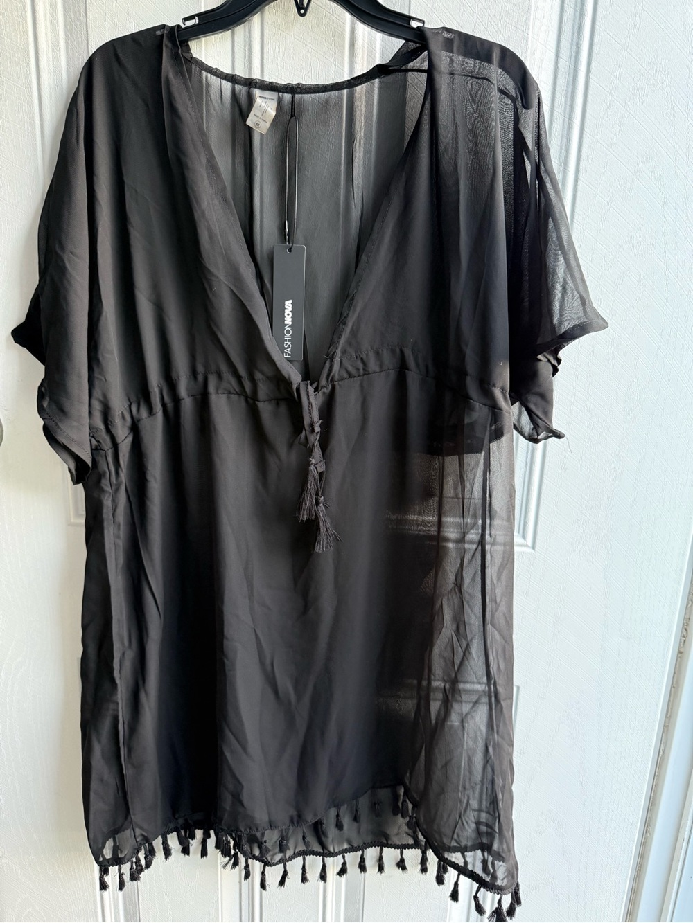 Fashion Nova Black Sheer Tassel-Trim Tie-Front Tunic